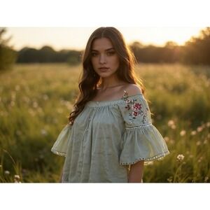 Boho Embroidered Off Shoulder Bell Sleeve Top fairy Green Floral Flare Casual